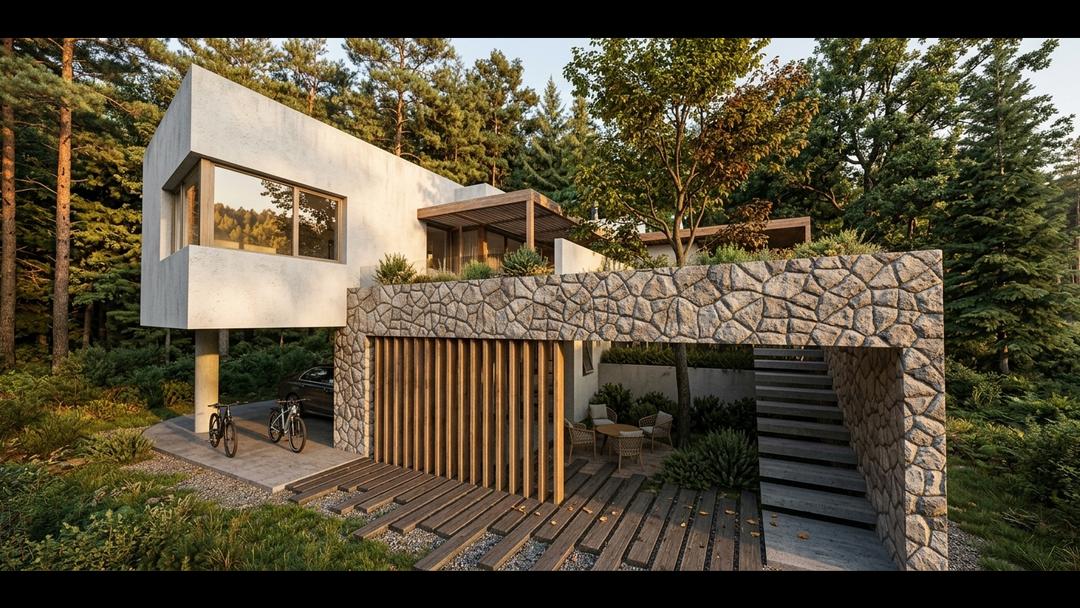 Proyecto Refugio de Piedra, casa entre pinos con muro de piedra, por DACS