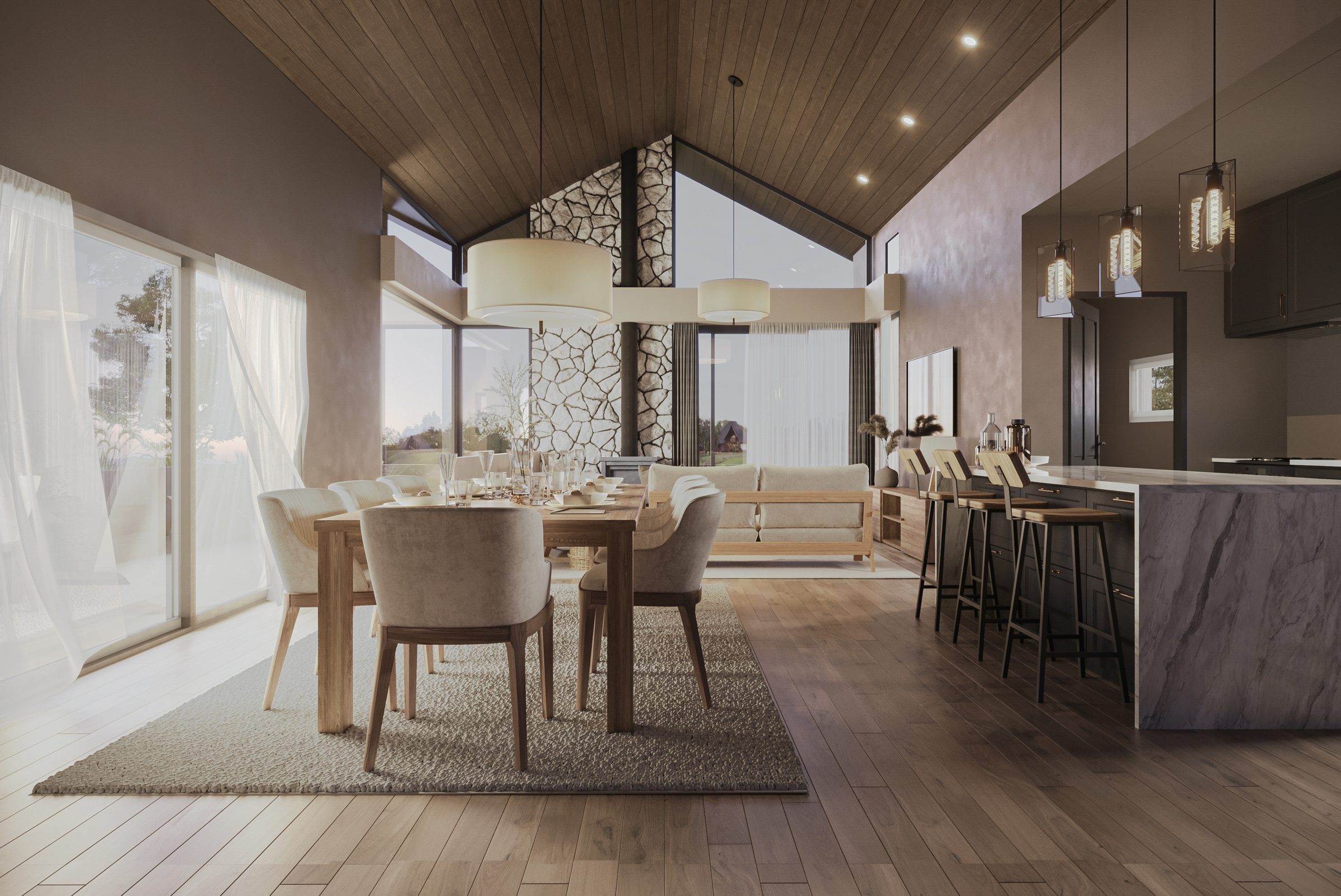 Comedor y living integrado de Casa Melisa, con techos de madera a dos aguas y grandes ventanales
