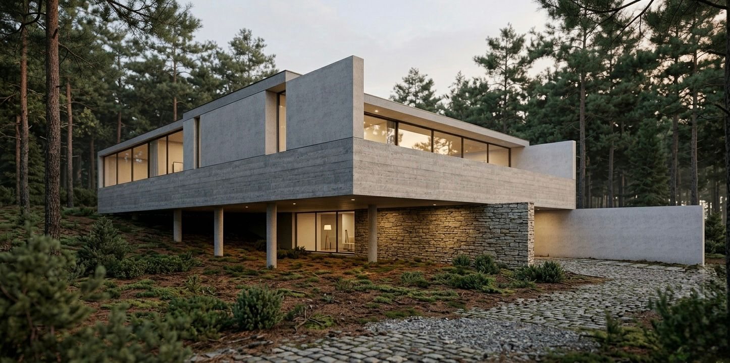 Vista exterior al atardecer de vivienda elevada sobre pilotes entre pinos, proyecto DACS