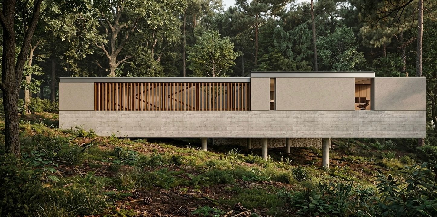 Fachada lateral de vivienda contemporánea integrada al bosque, proyecto DACS