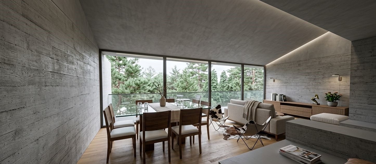 Comedor y living integrados con vista al bosque, proyecto DACS